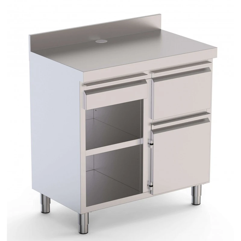 mobiliario-contract-mueble cafetero acero inoxidable con tolva a la derecha 1 estante 1 puerta y 1 cajon 1000x600x1050h mm